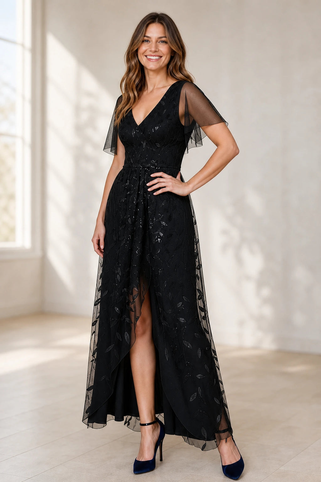 Elegant A-Line V-Neck Flutter-Sleeve V-Back Midi Wedding Guest Dress