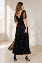 Elegant A-Line V-Neck Flutter-Sleeve V-Back Midi Wedding Guest Dress