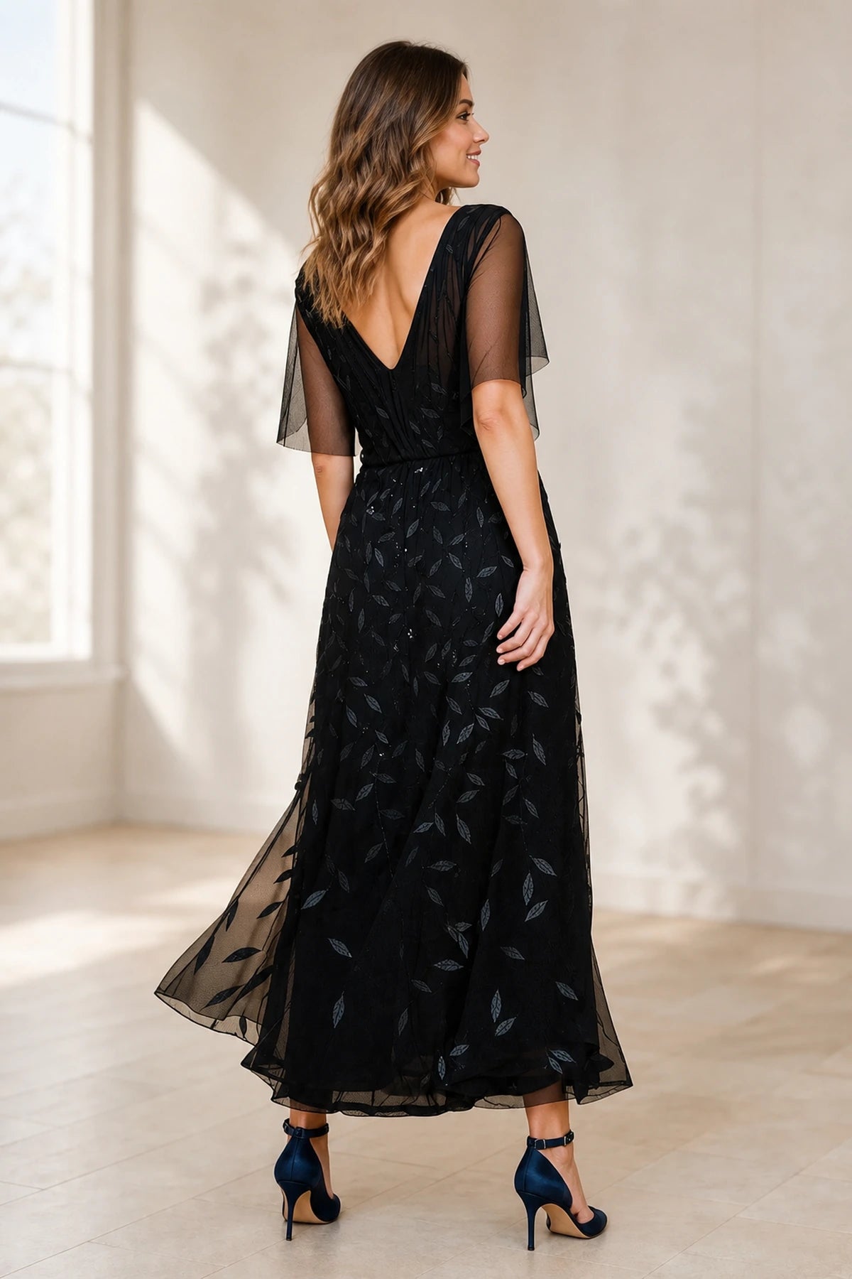 Elegant A-Line V-Neck Flutter-Sleeve V-Back Midi Wedding Guest Dress