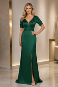 Emerald green deep V-neck floral sleeve floor length mother of the bride dress front view