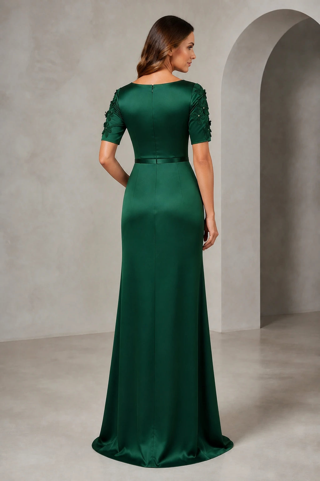 Vedress emerald green mother of the bride dress with floral applique short sleeves scoop back zipper closure and floor-length sheath silhouette