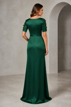 Vedress emerald green mother of the bride dress with floral applique short sleeves scoop back zipper closure and floor-length sheath silhouette