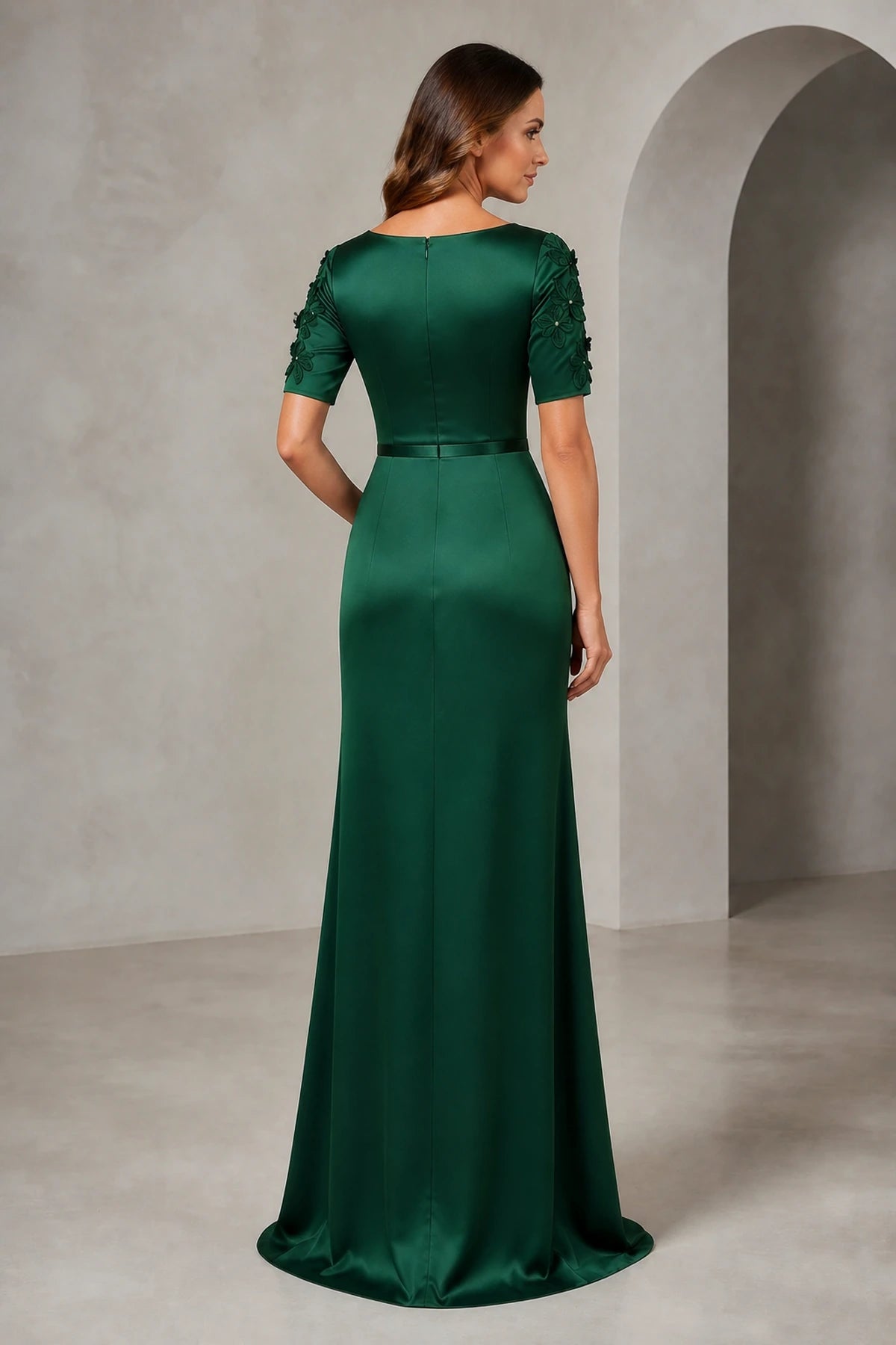 Vedress emerald green mother of the bride dress with floral applique short sleeves scoop back zipper closure and floor-length sheath silhouette