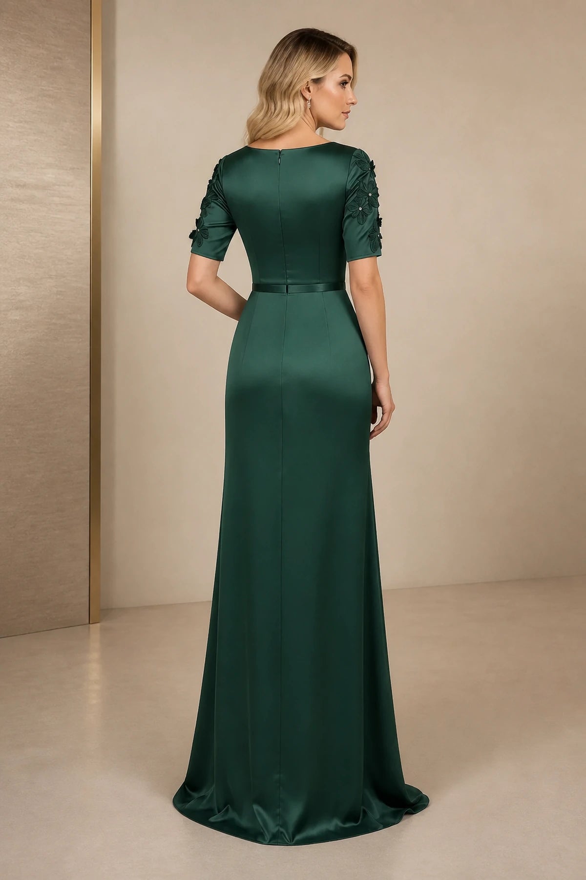 Emerald green short sleeve closed back mother of the bride dress back view