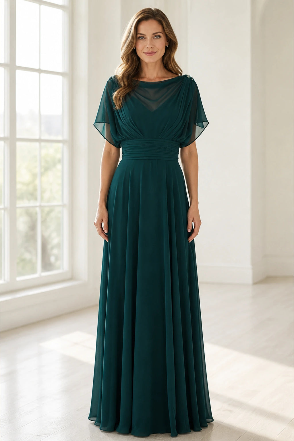 Vedress emerald green mother of the bride dress with bateau neckline flutter sleeves ruched waistband and floor-length A-line skirt front view