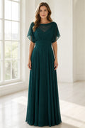 Vedress emerald green mother of the bride dress with bateau neckline flutter sleeves ruched waistband and floor-length A-line skirt front view