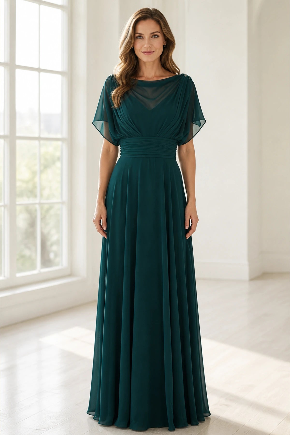 Vedress emerald green mother of the bride dress with bateau neckline flutter sleeves ruched waistband and floor-length A-line skirt front view