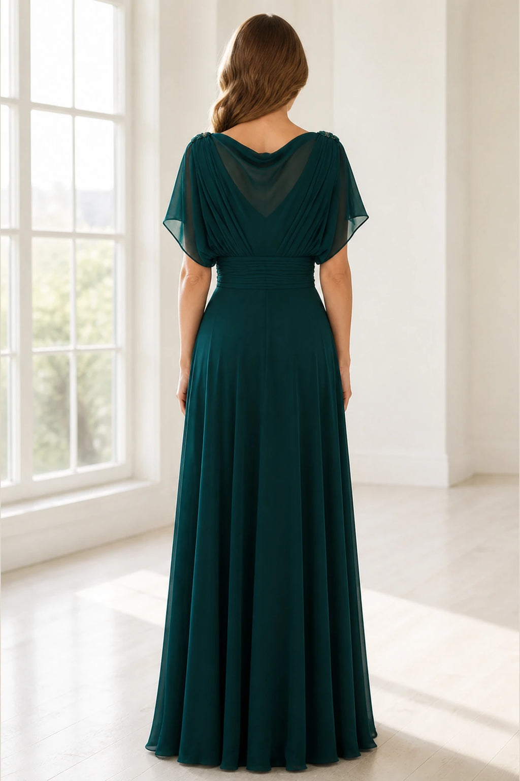 Vedress emerald green mother of the bride dress with draped back flutter sleeves ruched waist and floor-length A-line skirt back view