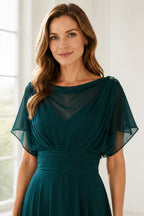 Graceful A-Line Bateau Flutter Sleeve Draped Back Floor-Length Mother of Bride Dress