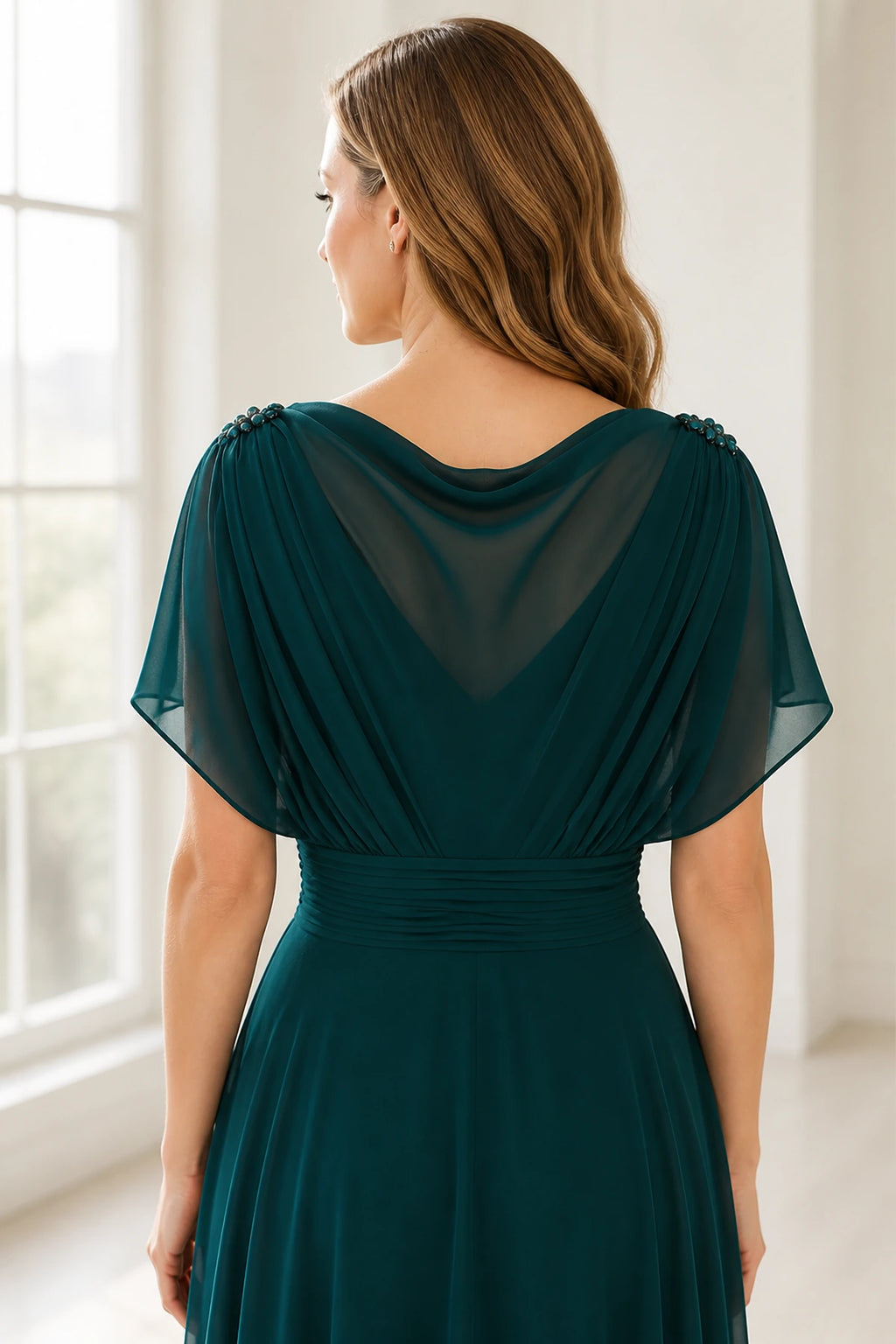 Graceful A-Line Bateau Flutter Sleeve Draped Back Floor-Length Mother of Bride Dress