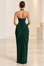 Emerald green formal gown with lace up corset back and floor length design