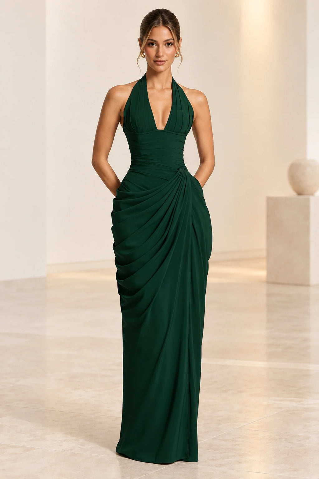 Emerald green mermaid halter neck sleeveless prom dress front view