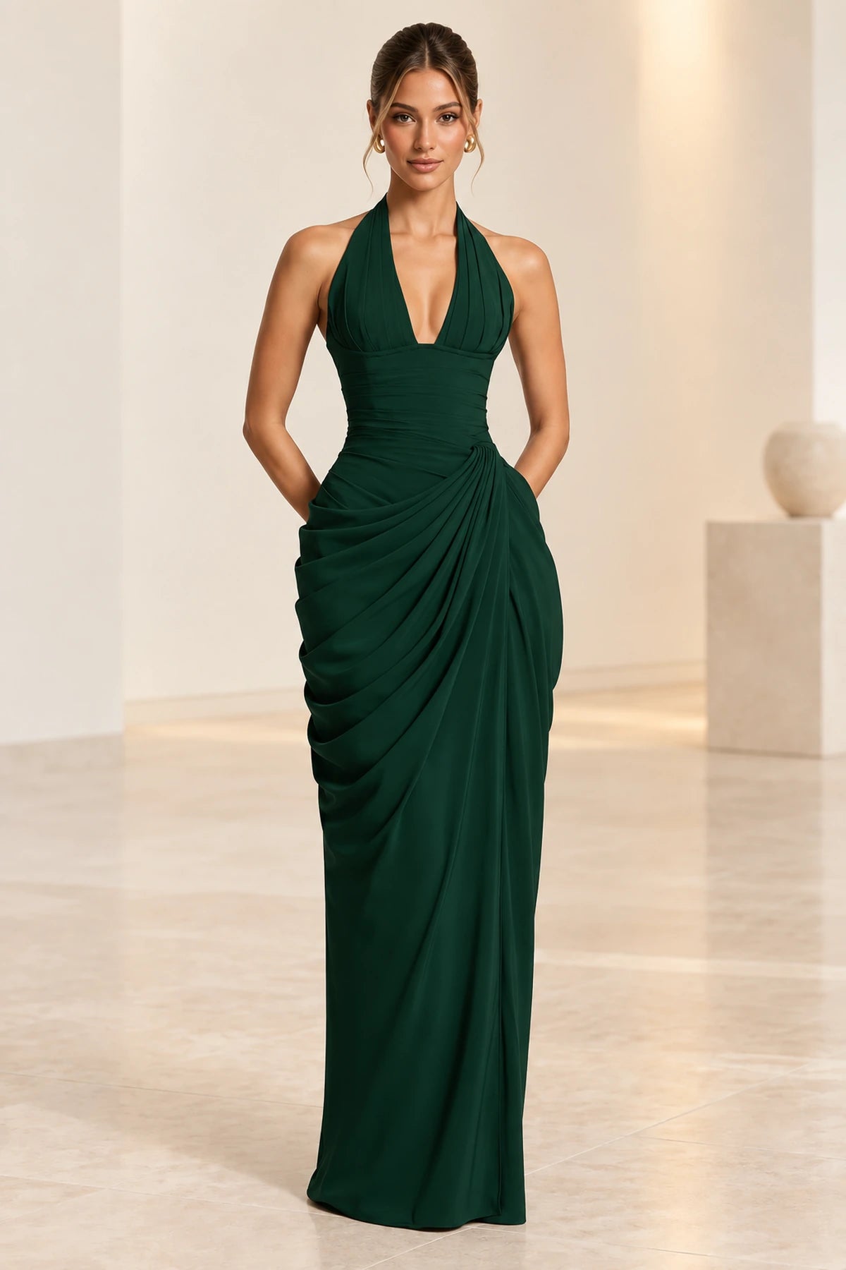 Emerald green mermaid halter neck sleeveless prom dress front view