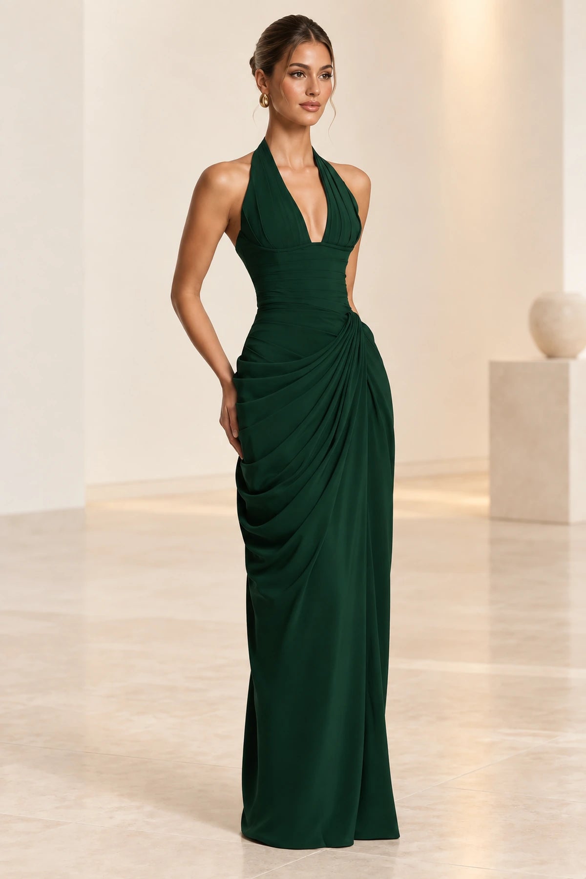 Emerald Green Mermaid Halter Neck Sleeveless Lace Up Back Floor Length Prom Dress