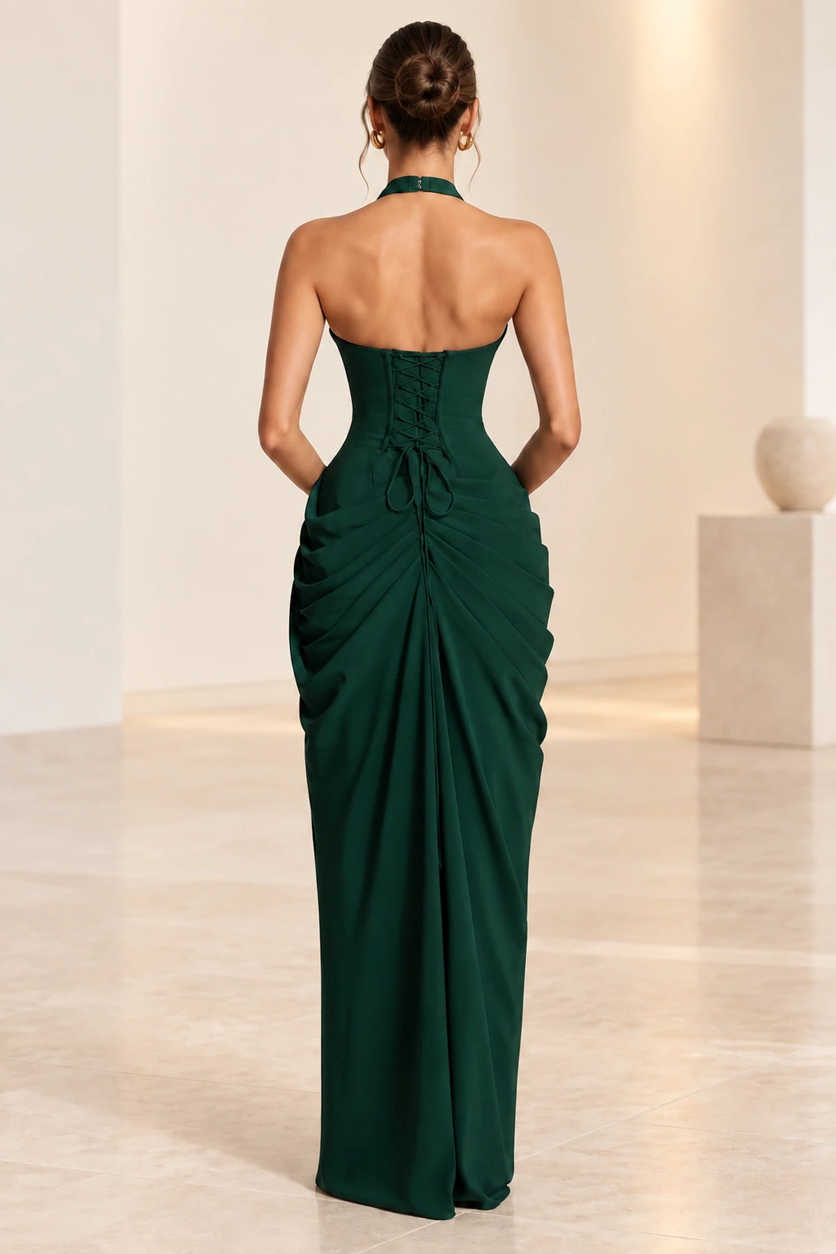 Emerald Green Mermaid Halter Neck Sleeveless Lace Up Back Floor Length Prom Dress