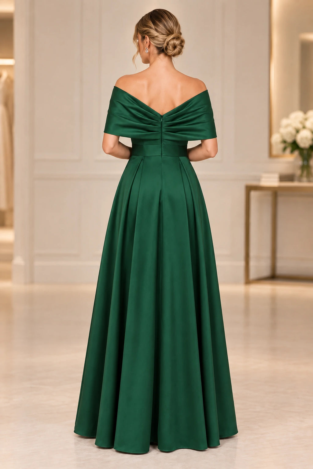 Back view of emerald green Mother of the Bride Dress with draped V-back and floor-length A-line skirt