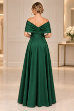 Back view of emerald green Mother of the Bride Dress with draped V-back and floor-length A-line skirt