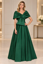 Emerald green Mother of the Bride Dress with off-shoulder draped neckline and full A-line skirt