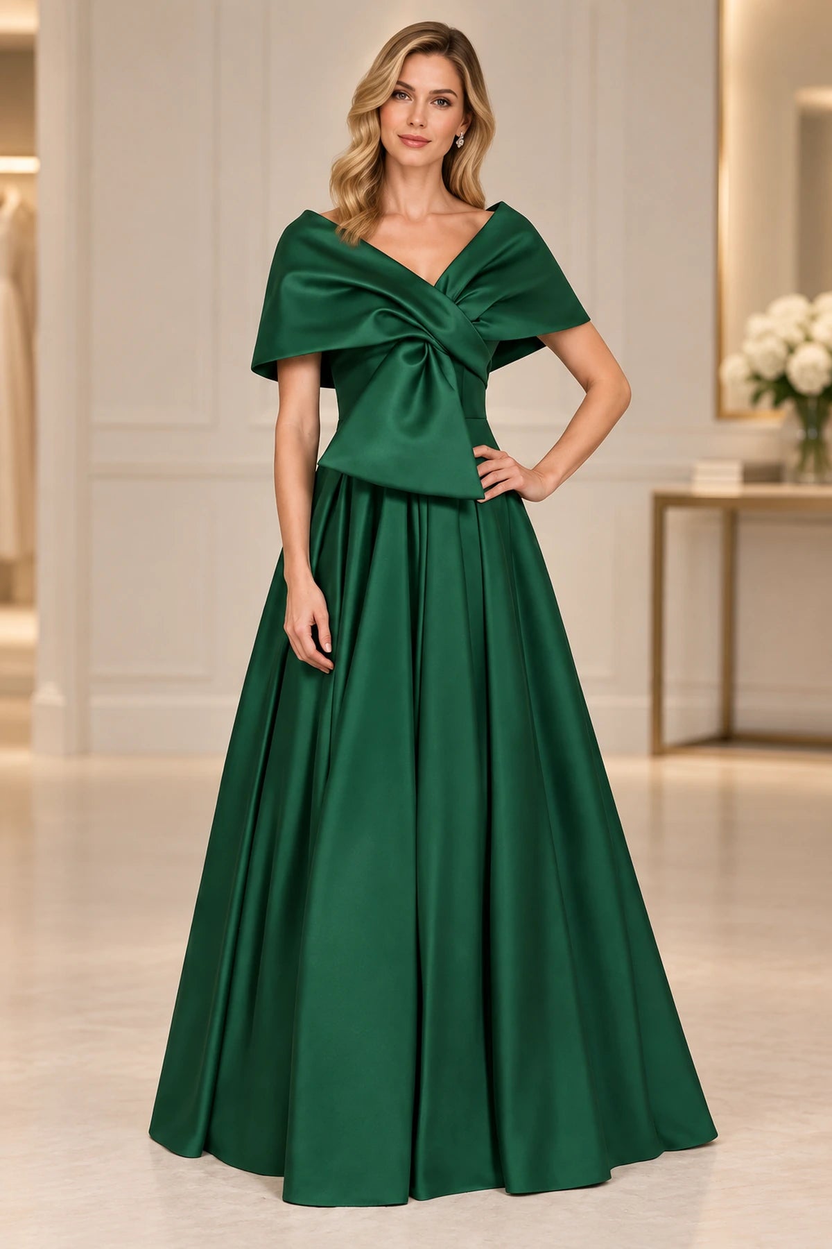 Emerald green Mother of the Bride Dress with off-shoulder draped neckline and full A-line skirt