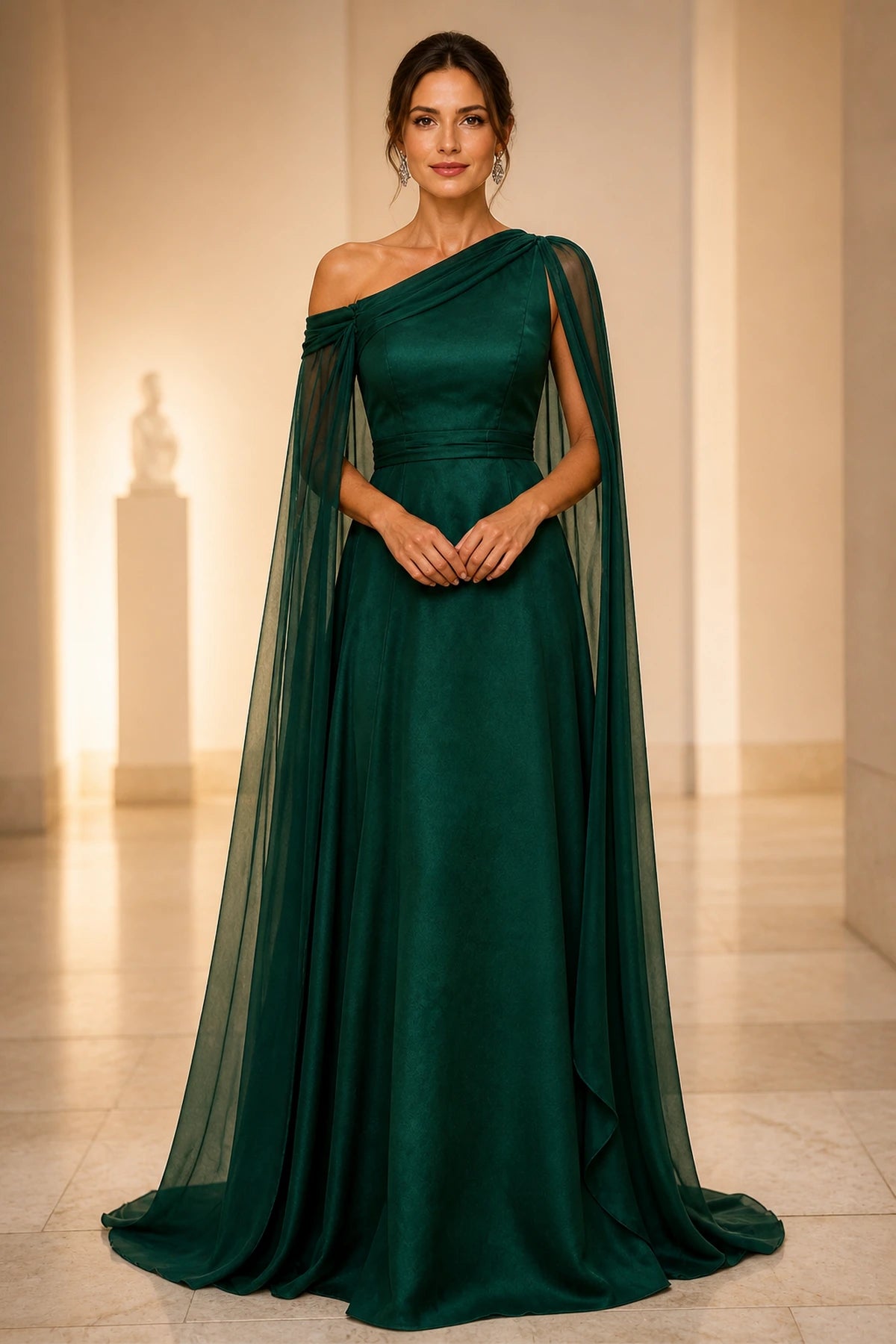 Emerald green one shoulder cape A-line floor length wedding guest dress by GraceProm