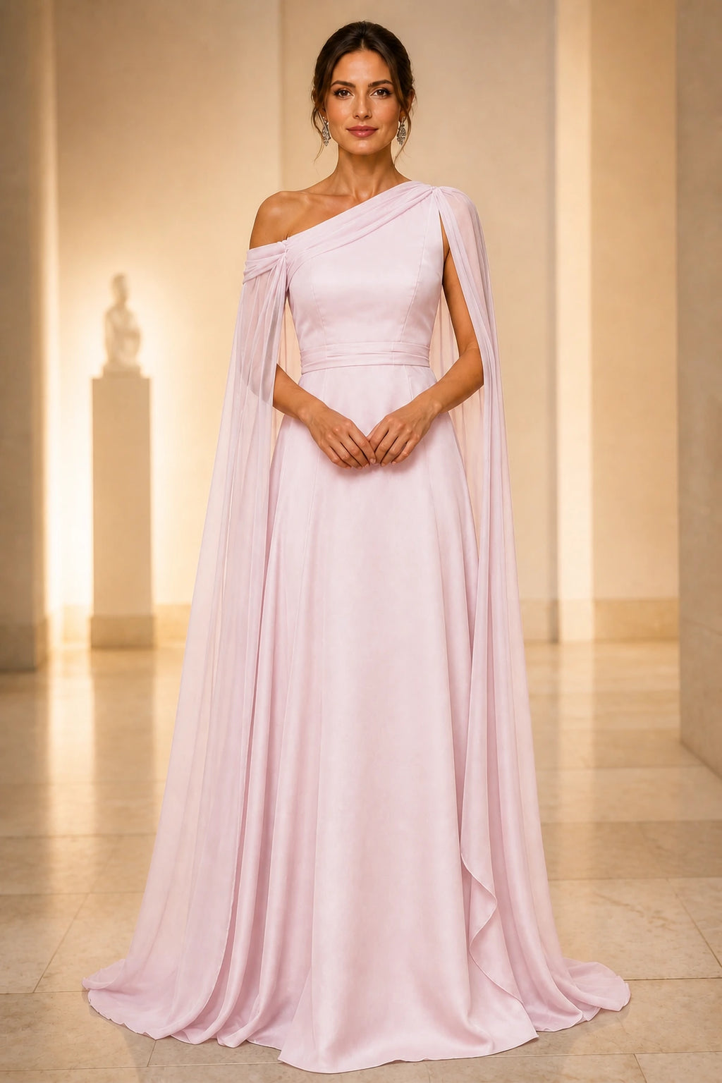 Refined A-Line One Shoulder Cape Back Floor-Length Wedding Guest Dress