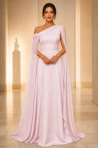 Refined A-Line One Shoulder Cape Back Floor-Length Wedding Guest Dress