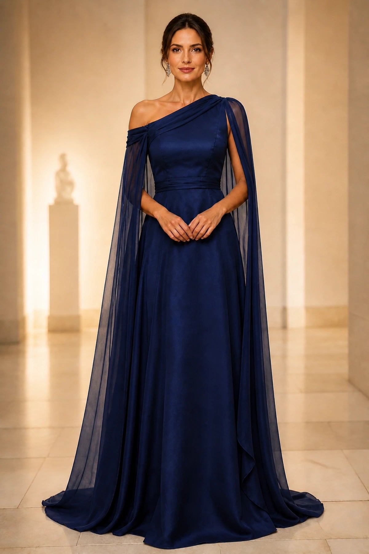 Refined A-Line One Shoulder Cape Back Floor-Length Wedding Guest Dress
