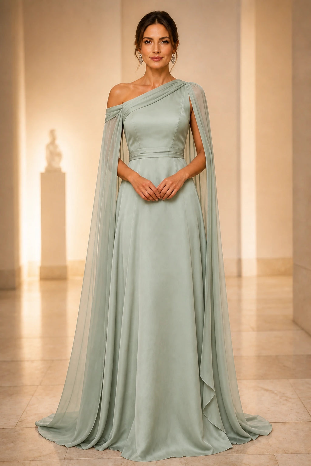 Refined A-Line One Shoulder Cape Back Floor-Length Wedding Guest Dress