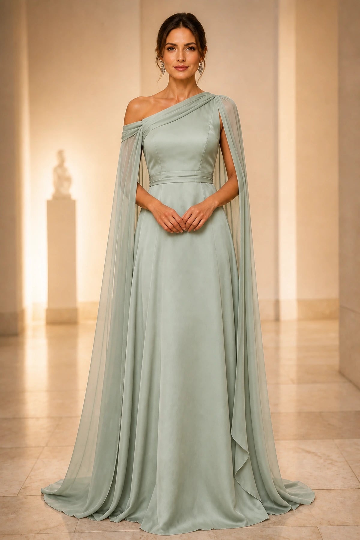 Refined A-Line One Shoulder Cape Back Floor-Length Wedding Guest Dress