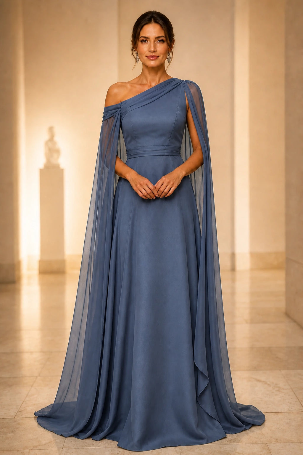 Refined A-Line One Shoulder Cape Back Floor-Length Wedding Guest Dress