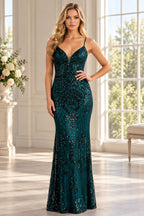 Emerald green sequin mermaid prom dress with V neck and spaghetti straps