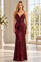 Elegant Mermaid V Neck Spaghetti Strap Open Back Floor Length Prom Dress