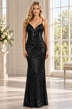 Elegant Mermaid V Neck Spaghetti Strap Open Back Floor Length Prom Dress