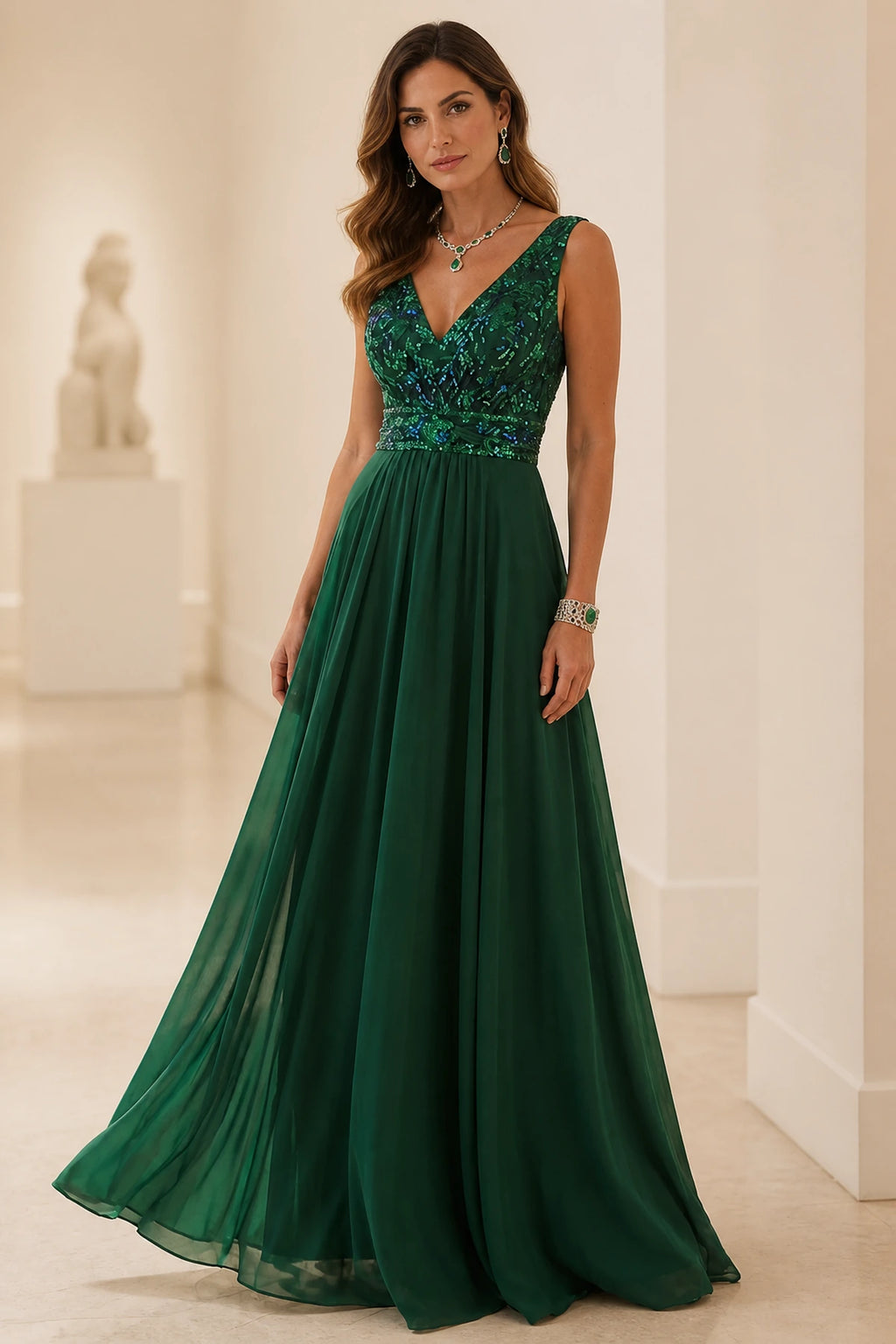 Emerald green mother of the bride dress with V-neckline, sequin bodice, sleeveless design and floor-length A-line skirt