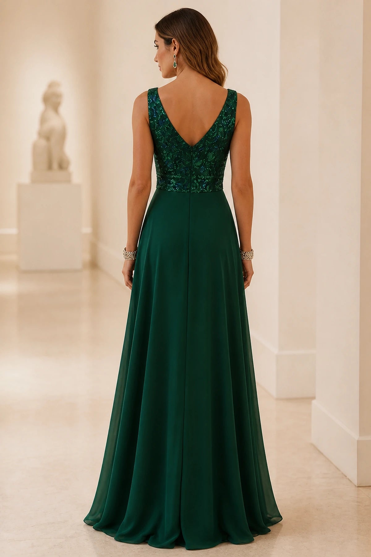 Back view of emerald green mother of the bride dress with V-back, sequin bodice, center zipper and floor-length A-line skirt