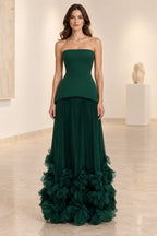 Emerald green strapless corset pleated maxi prom dress with floral hem details