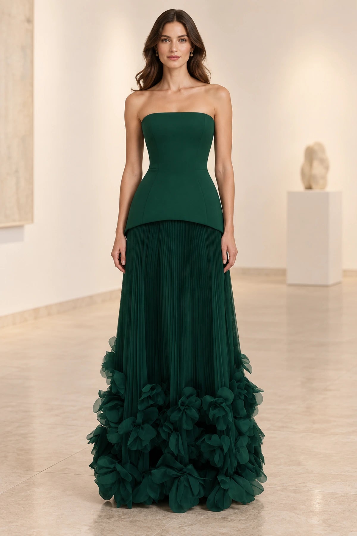 Emerald green strapless corset pleated maxi prom dress with floral hem details