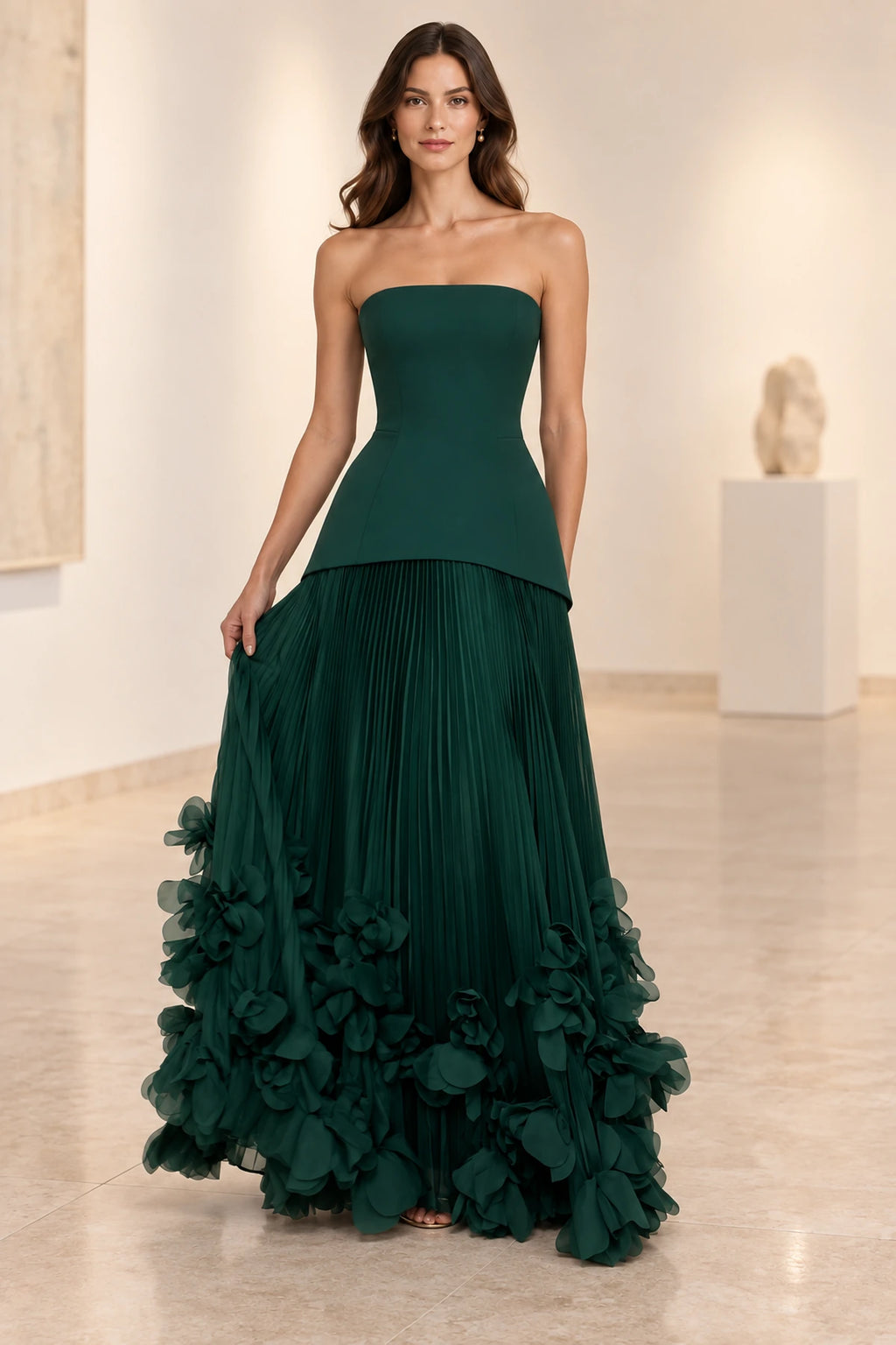 Sophisticated Strapless Corset Lace Up Back Pleated Maxi Prom Dress