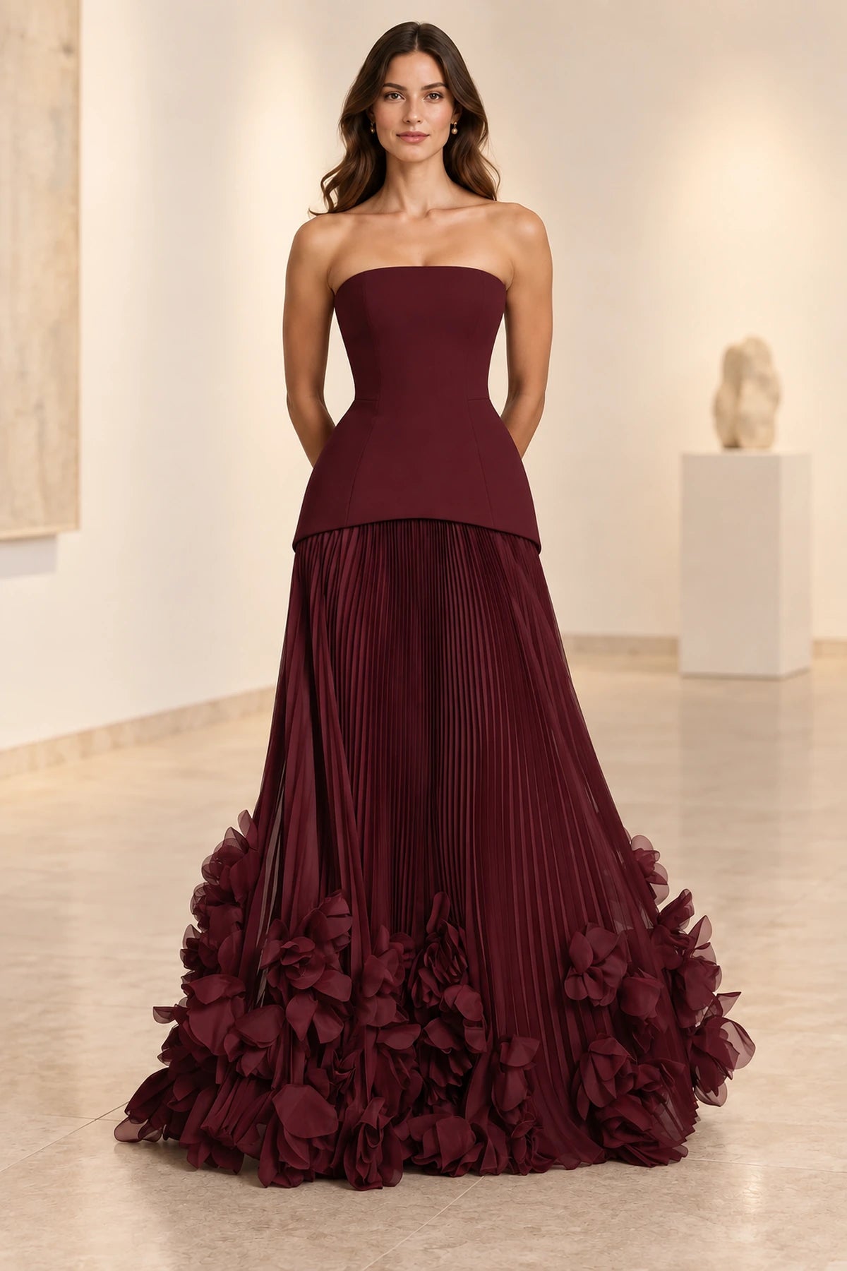 Sophisticated Strapless Corset Lace Up Back Pleated Maxi Prom Dress