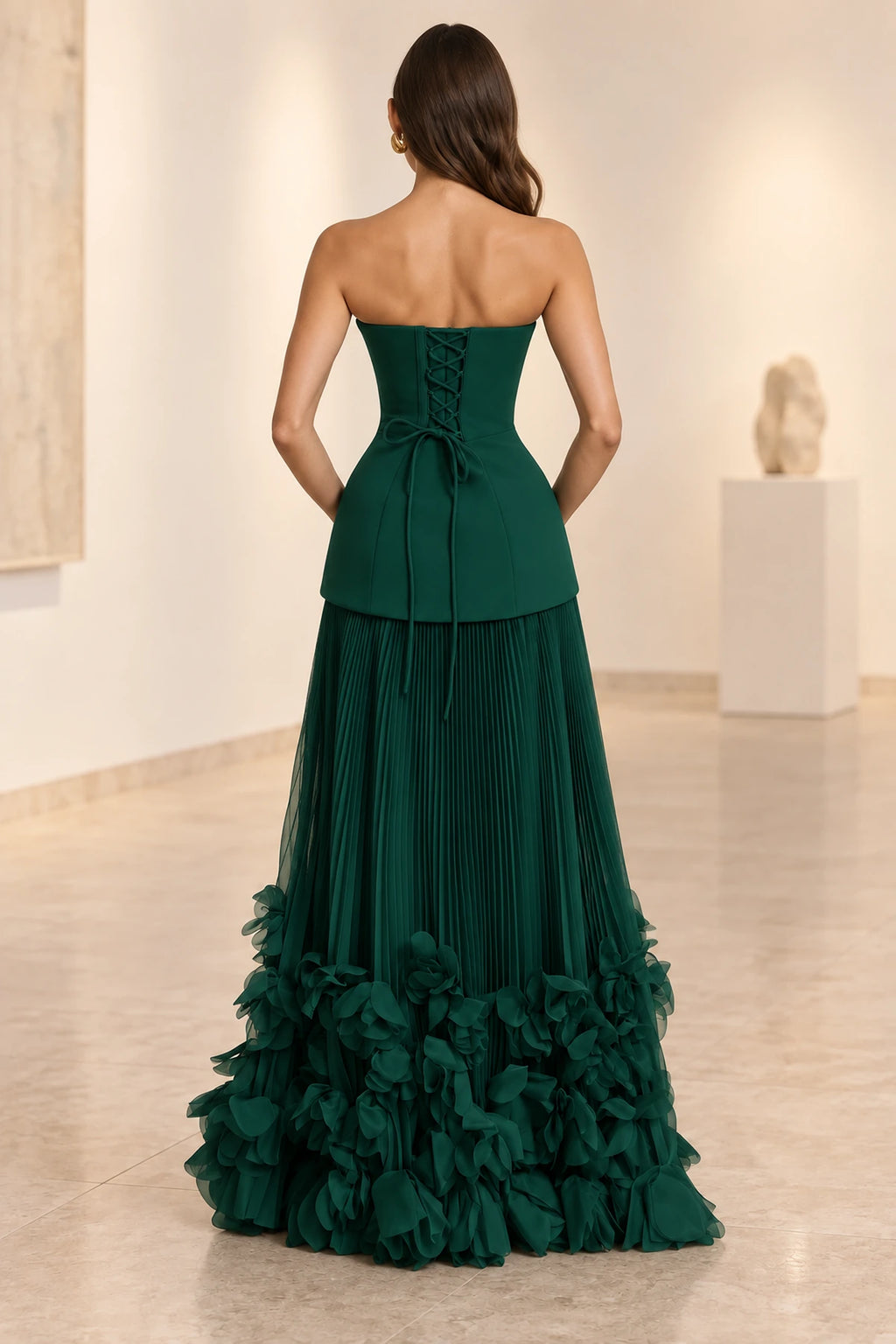 Sophisticated Strapless Corset Lace Up Back Pleated Maxi Prom Dress