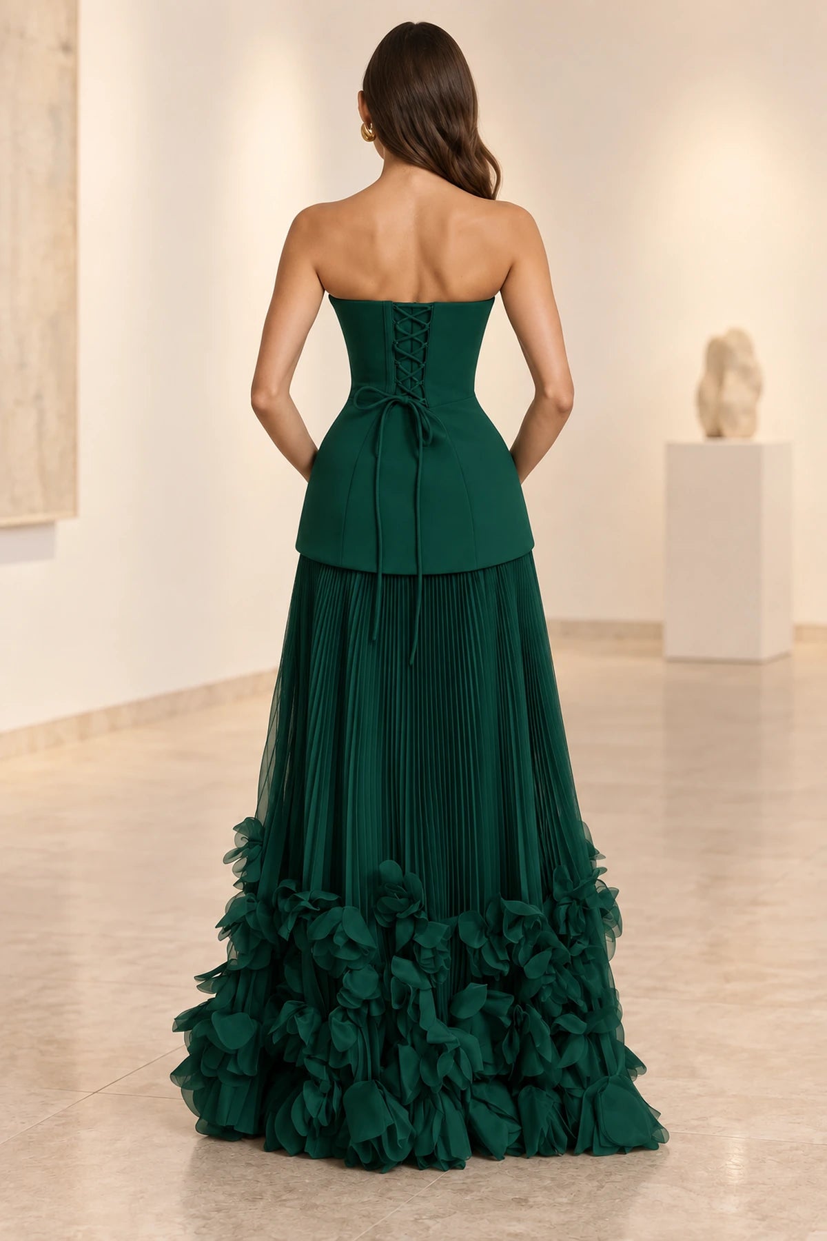 Sophisticated Strapless Corset Lace Up Back Pleated Maxi Prom Dress