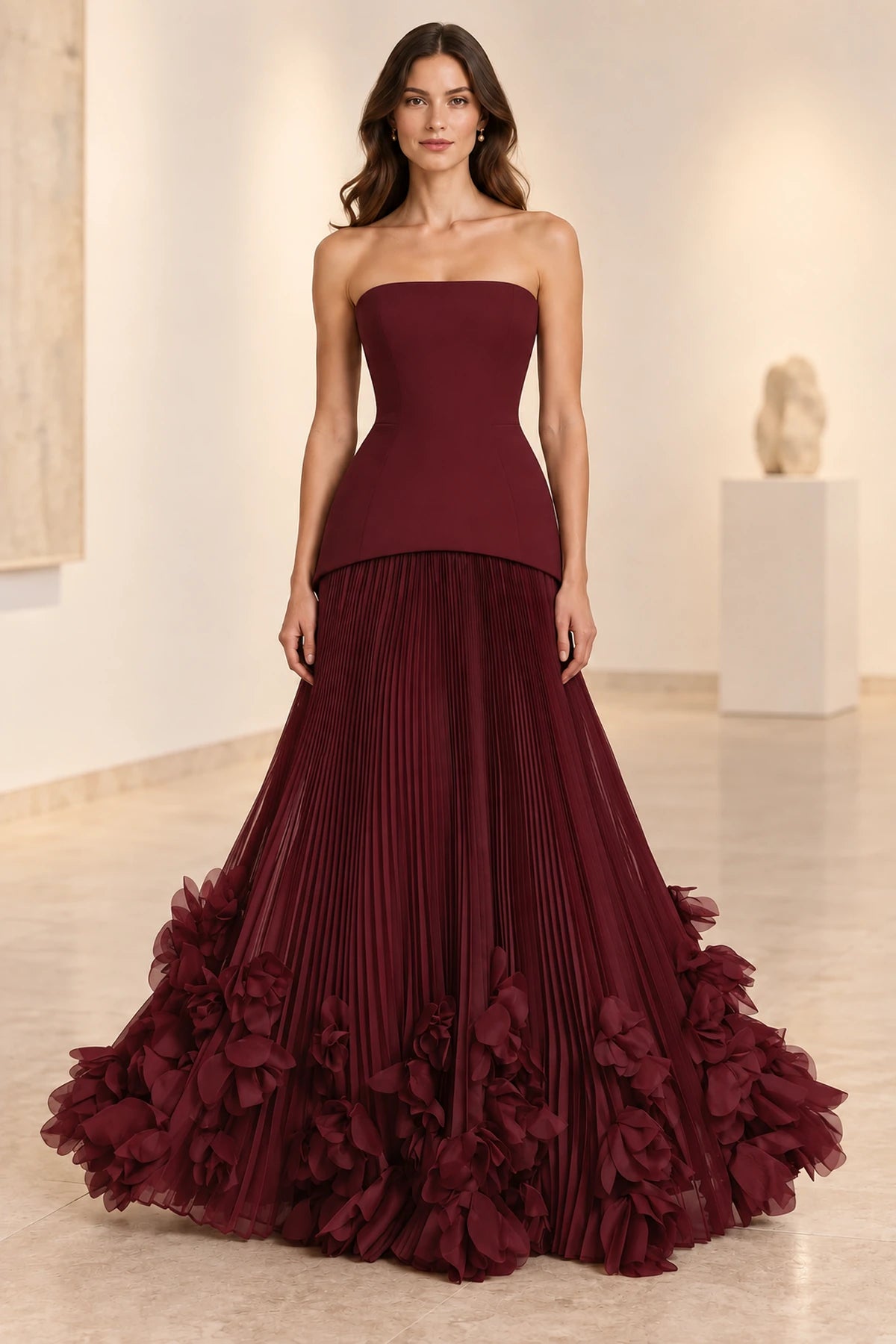 Sophisticated Strapless Corset Lace Up Back Pleated Maxi Prom Dress