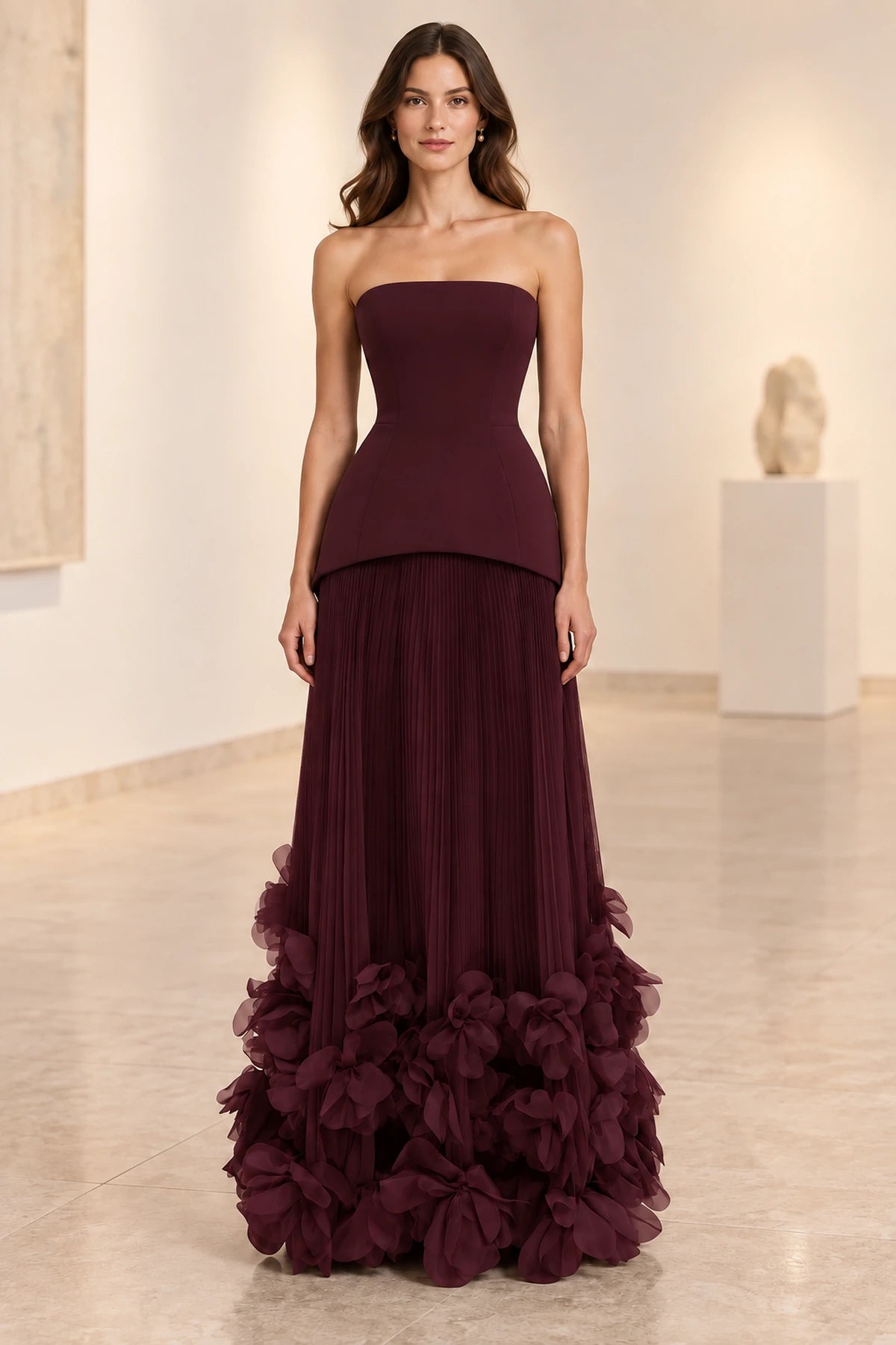 Sophisticated Strapless Corset Lace Up Back Pleated Maxi Prom Dress