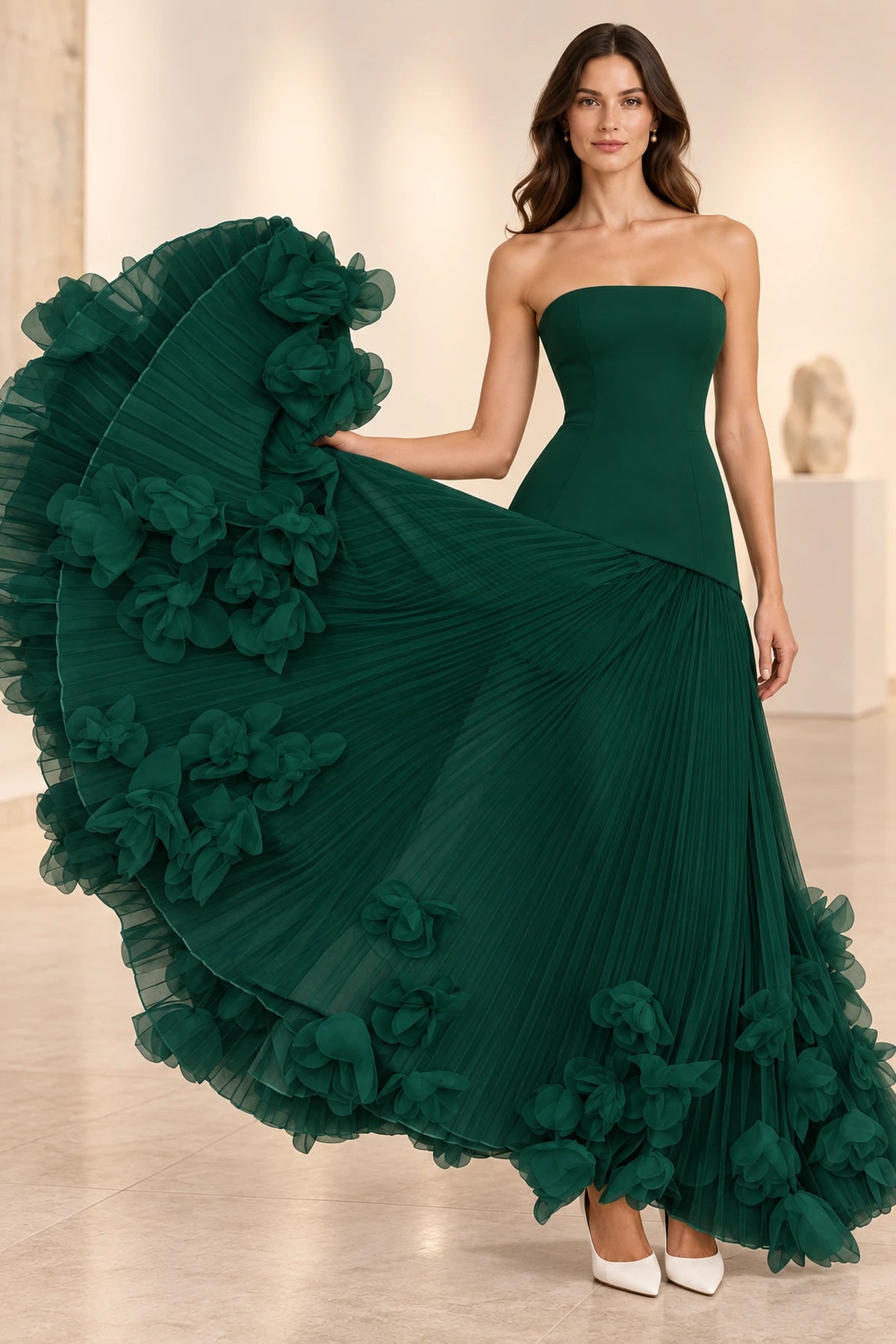 Sophisticated Strapless Corset Lace Up Back Pleated Maxi Prom Dress