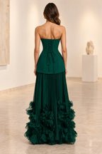 Emerald green lace up back formal prom dress with pleated skirt and floral details
