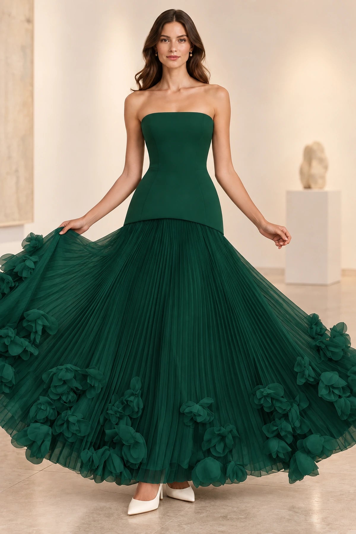 Sophisticated Strapless Corset Lace Up Back Pleated Maxi Prom Dress