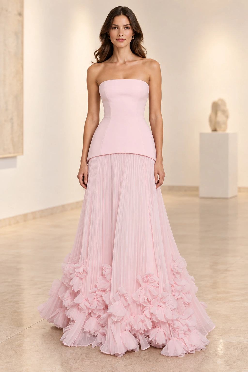 Sophisticated Strapless Corset Lace Up Back Pleated Maxi Prom Dress