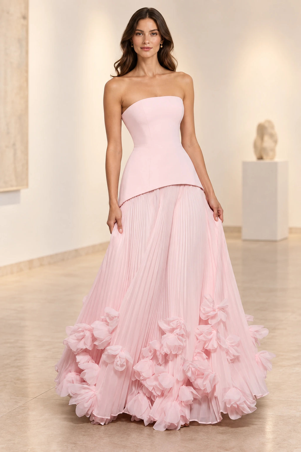 Sophisticated Strapless Corset Lace Up Back Pleated Maxi Prom Dress