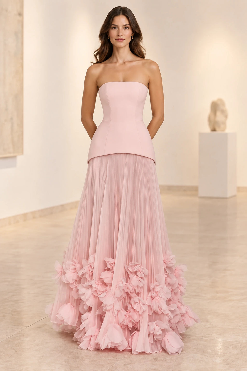 Sophisticated Strapless Corset Lace Up Back Pleated Maxi Prom Dress
