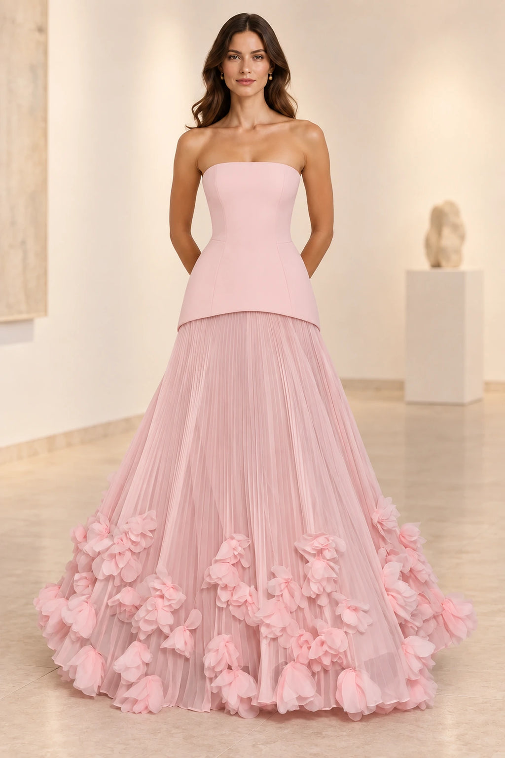 Sophisticated Strapless Corset Lace Up Back Pleated Maxi Prom Dress